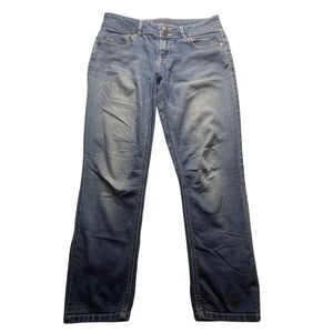 ELLE Paris Women’s Jeans Size 2 Stretch Blue Denim 32x28 Mid Rise Distressed